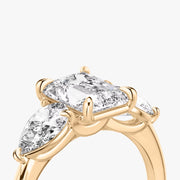Radiant Cut - Plain Band - Three Stone Ring- 0.5 Ct Side Stone each - 18 K Gold